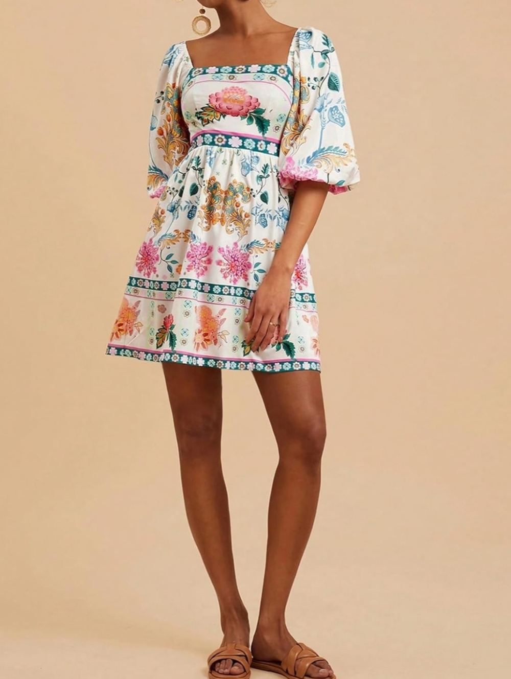 Floral Tie Back Puff Sleeve Mini Dress